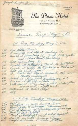 This is the first page of my handwritten journal of my Senior Trip in May, 1952 when I first visited Gettysburg.